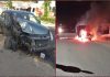 टुडे मिल्क गाड़ी व स्विफ्ट कार में हुई भयंकर टक्कर के बाद मिल्क गाड़ी को लगी आग