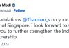 Prime Minister congratulates Tharman Shanmugaratnam for winning Singapore’s presidential election